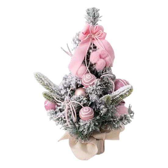 Snowy Mini Christmas Tree Small Tabletop Artificial Flocked Tree with Balls Bow And Cloth Bag Base for Home Office Desk Decor