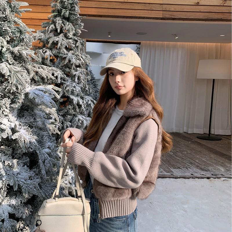 Womens Short Faux Fur Coat Knit Sleeves Slim Fit Winter 2026 Solid Color Casual Outerwear Petite Women
