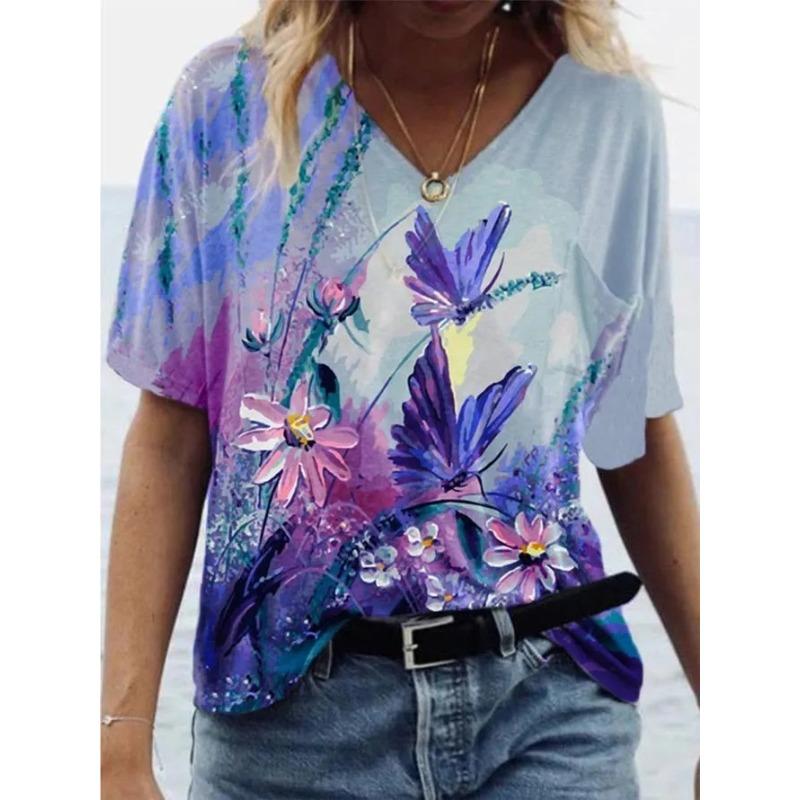 Sommar V-ringad 3D Blommig Tryckt Topp Trendiga Casual Kortärmade Dam T-shirts