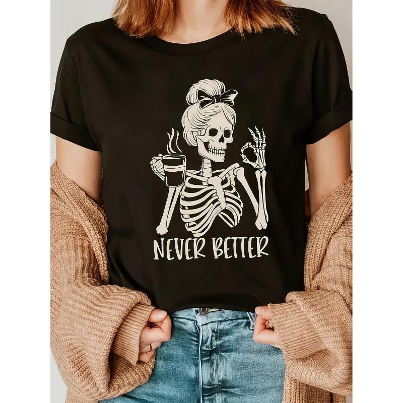 

European Size Graphic Tee, Casual Crew Neck Short Sleeve T-Shirt, with Skeleton Coffee Print, for Spring and Summer 4XL