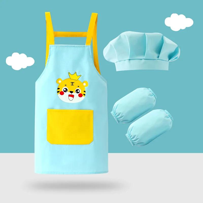 Cartoon  Kids Apron 3 Piece Set, Boys and Girls Painting Waterproof Apron, with Hat Sleeve Cover Shirt Apron Kitchen Accessories