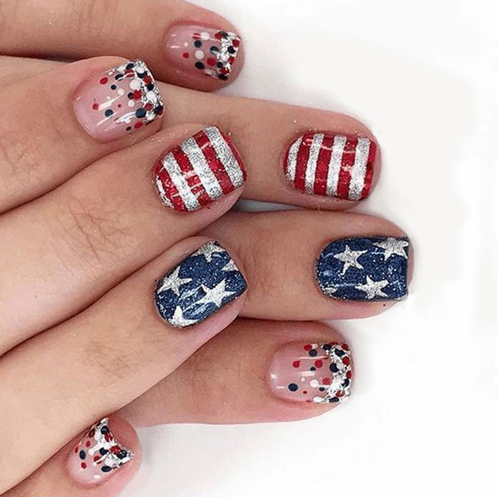 24Pcs Press On Nail Short Square False Nail Manicure Nail Decoration Full Cover Acrylic Nail for Independence Day