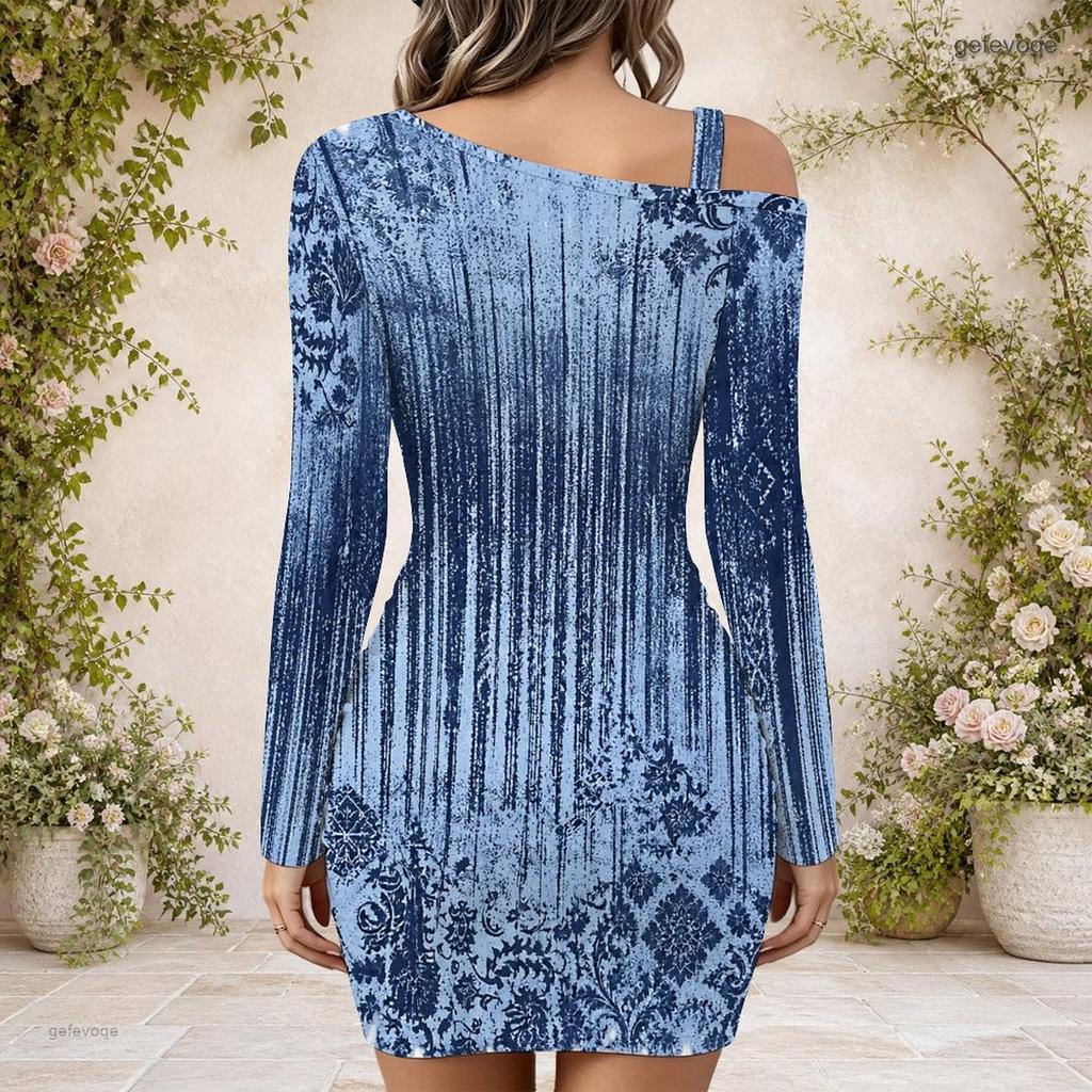 Women Plus Size Abstract Printed One Shoulder Long Sleeve Bodycon Mini Dress
