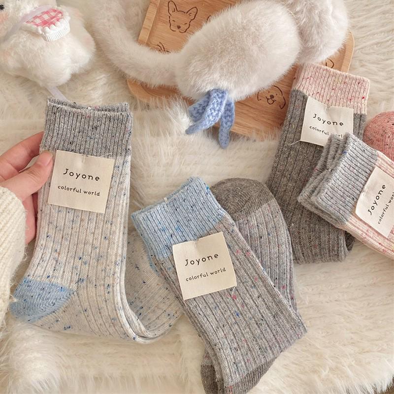 Women's Thickened Wool Mid-Calf Socks - Warm, Color Block Speckled Yarn, Sweat-Absorbent, Loose Pile for Autumn/Winter.