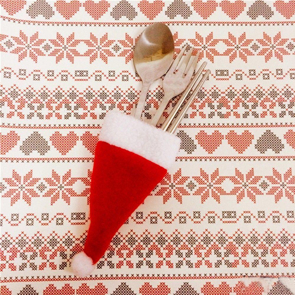 Party Decor Red Santa Hat Tableware Holder Silverware Cutlery Bag Christmas Hat Spoon Fork Bags