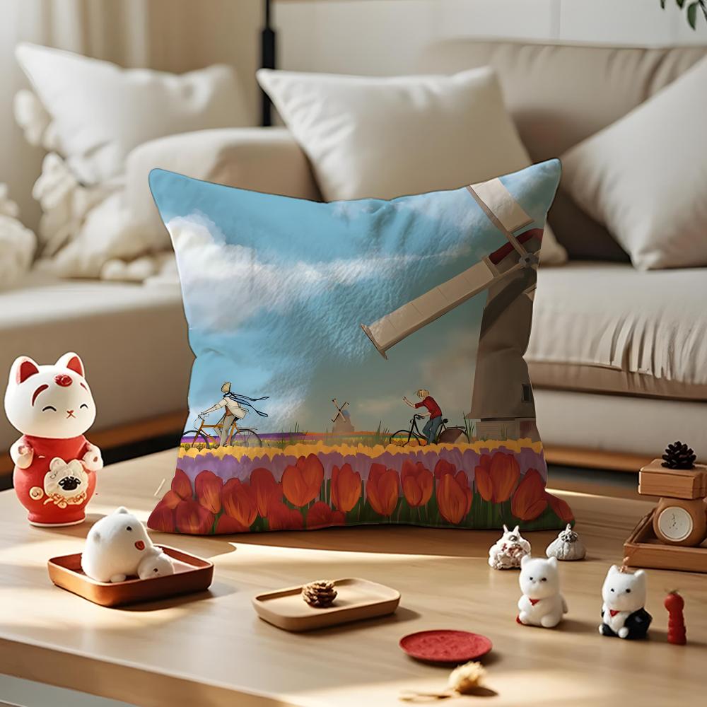 Dutch Windmills & Tulips Cushion Cover Anti-dustmite Pillowcase Invisible Zipper Silky Short Plush Sofa Cushion Cover