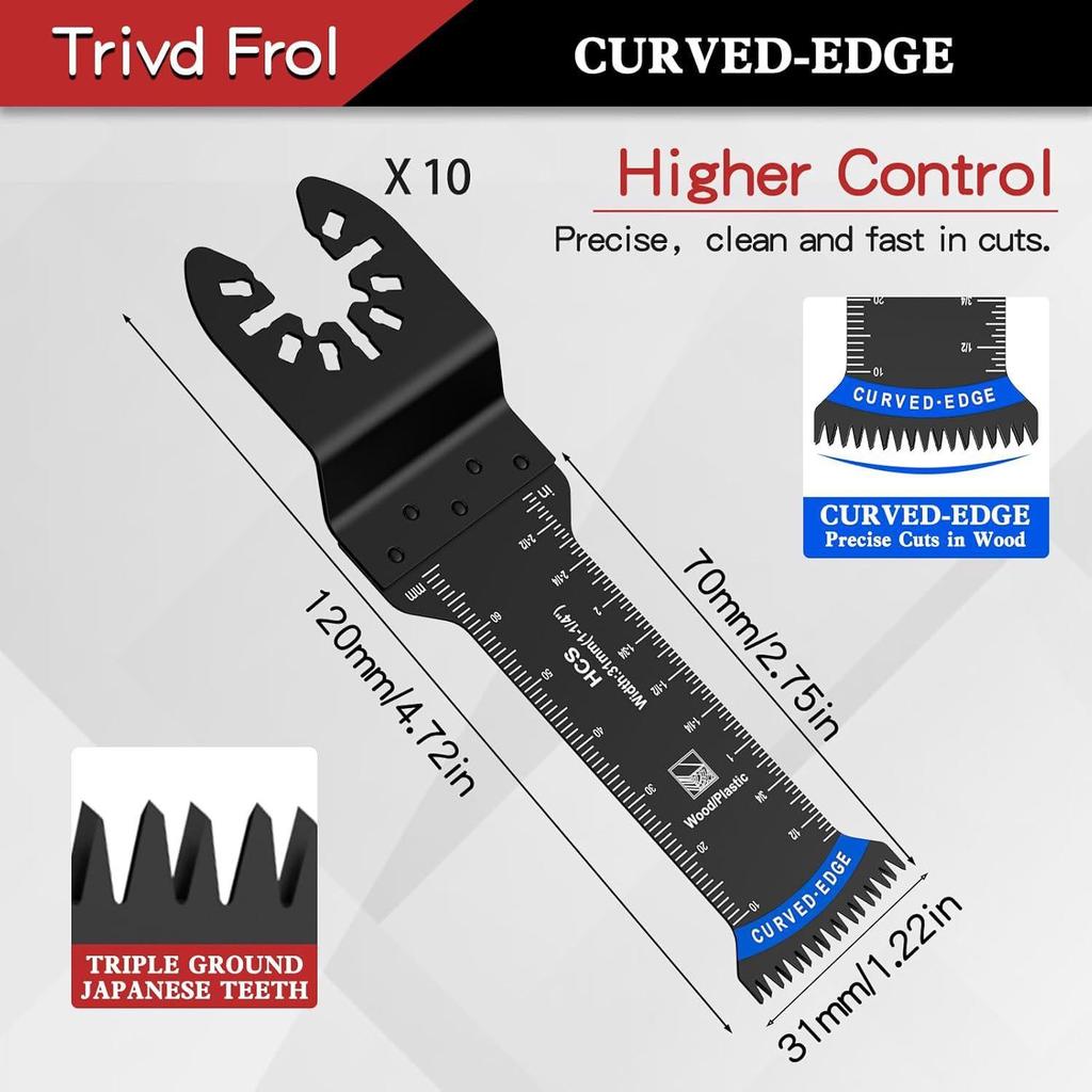 20-Piece Extra Long Oscillating Saw Blades with Arc Edge and Bimetal Japanese Teeth for Precise Wood and Plastic Cutting.