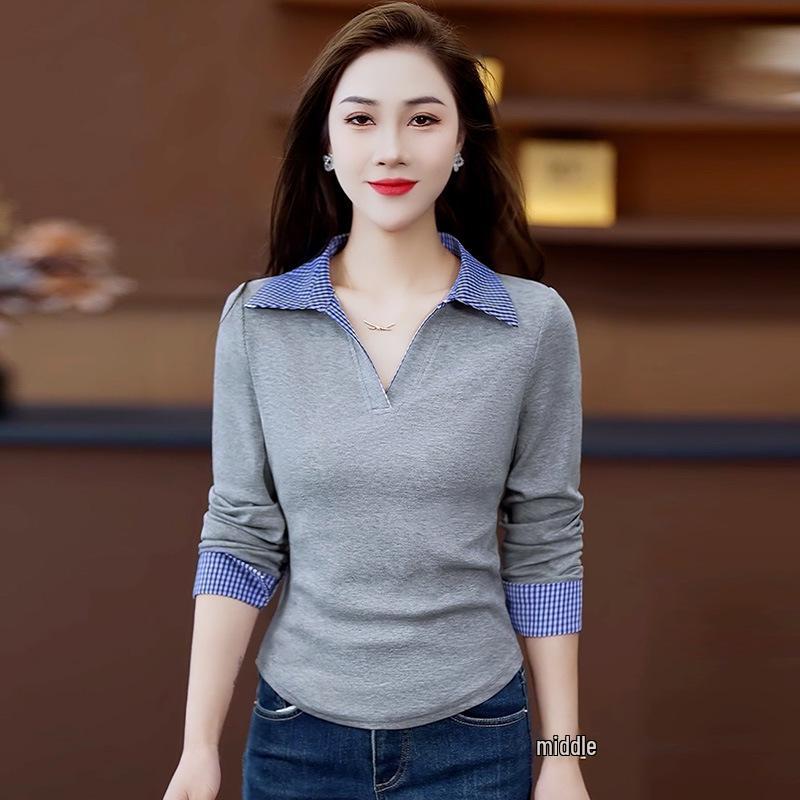 Women's Versatile Two-Piece Look Stitching Polo - Slimming Long Sleeve Top for Spring 2025.