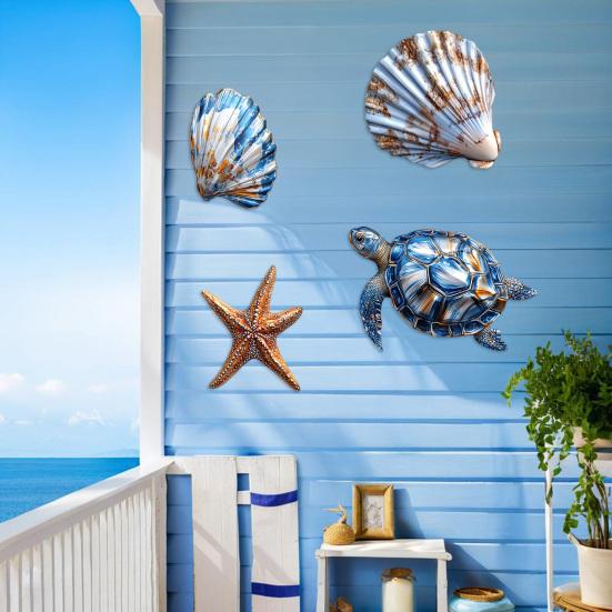 3/4Pcs/Set Wooden Fish Wall Decoration Farmhouse Rustic Nautical Turtle Shell