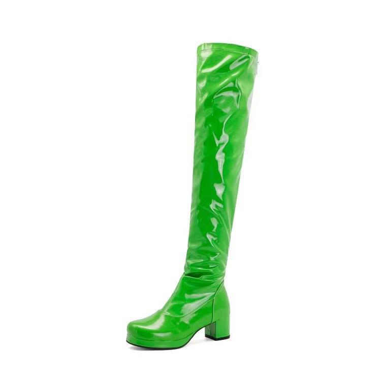 Autumn and Winter Tall Tube Looks Thin, Versatile Personality, Candy Color Patent Leather Thick Heel Patent Leather Long Tube Knee Long Women's Boots