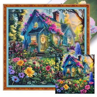 Kwiatowa Trawiasta Chata Pełna 14CT DIY Wzory Stemplowane Zestaw do Haftu 50x50cm Drukowane Zestawy do Haftu Krzyżykowego dla Dorosłych Dekoracja Domu