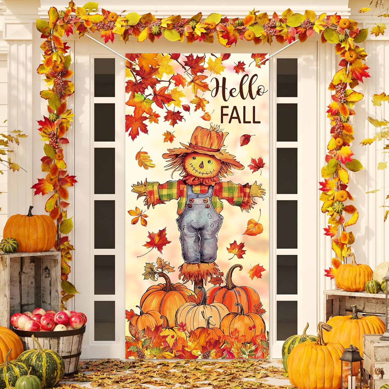 Fall Door Banner Cover Scarecrow Pumpkin Leaves Hanging Banner Autumn Photo Background for Thanksgiving Party Home School Classroom Supplies, 31.5 x Scarecrow