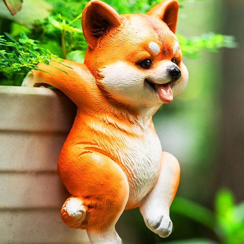 Mini Dog Statue Miniature Dogs Figurine Plant Pot Hanger,Climbings Dog Sculpture Garden Decors for Bonsais Ornament