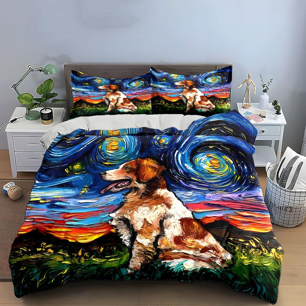 Starry Night Dog Art Set Multiple Sizes Kid'S And Adults' Bedroom Exquisite 3Pc Bedding Set, Gift