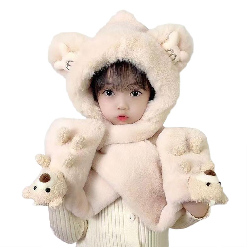 Winter Thick Hats Scarf Gloves Set With Long Scarf Warm Winter Plush Hooded Windproof Fluffy 3-in-1 Soft Hat Toddler