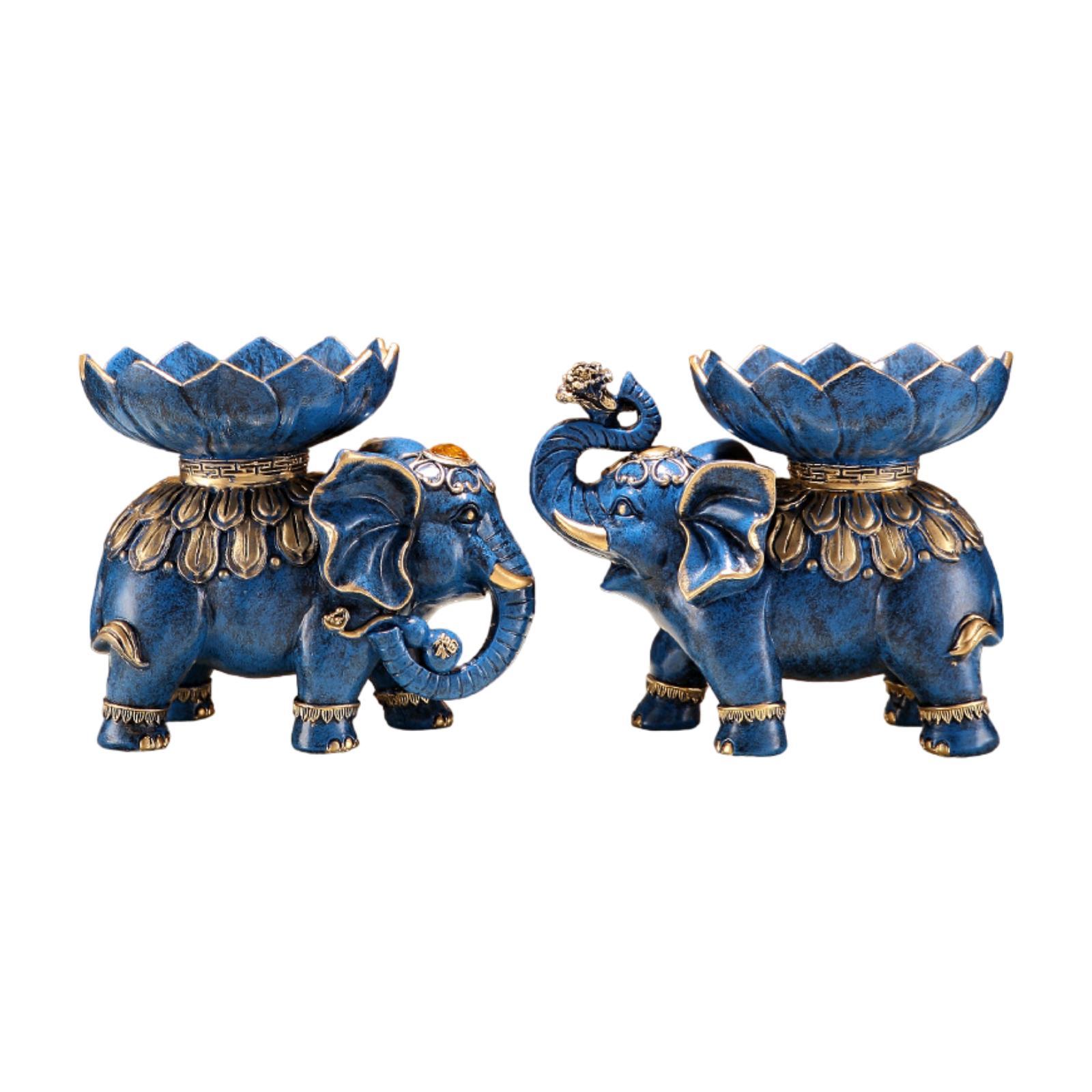 

Couple Elephant Figurines with Fruit Tray Resin Sculpture Decorative Desk Collection Fengshui Ornament for Bookshelves синій