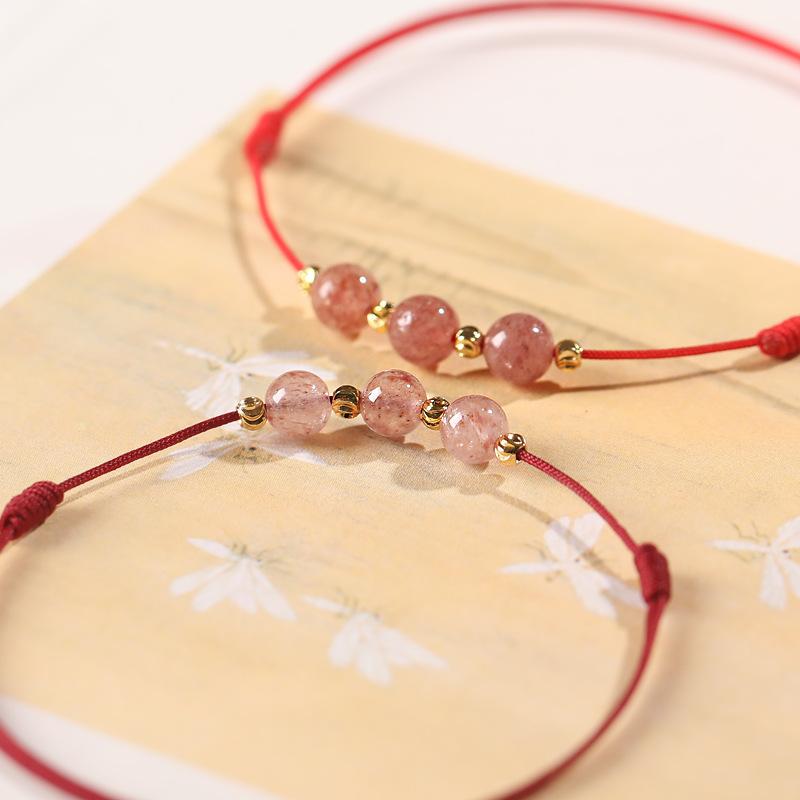 Pink crystal red string bracelet for women, niche design, strawberry crystal good luck bracelet and anklet