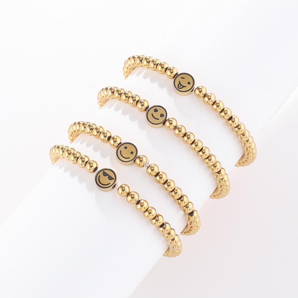 ALTERA New Fashion Stainless Steel Round Beads Elastic Bracelet Smile Face Charm Couple Bracelet for Men/Women BFF Zircon Gift