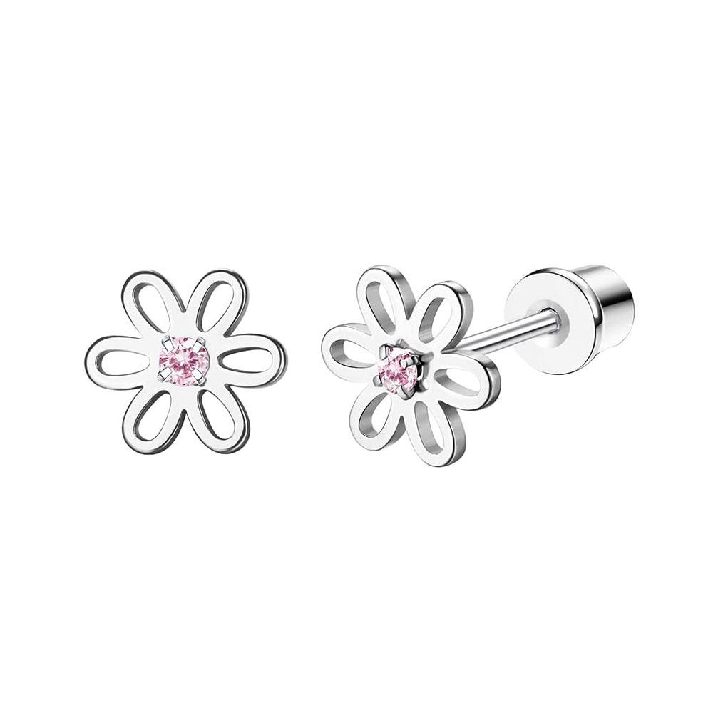 Bobisty 1Pair Cute Screw Back Earrings for Women Stainless Steel Multicolored Heart Flower Butterfly Rainbow CZ Stud Earrings