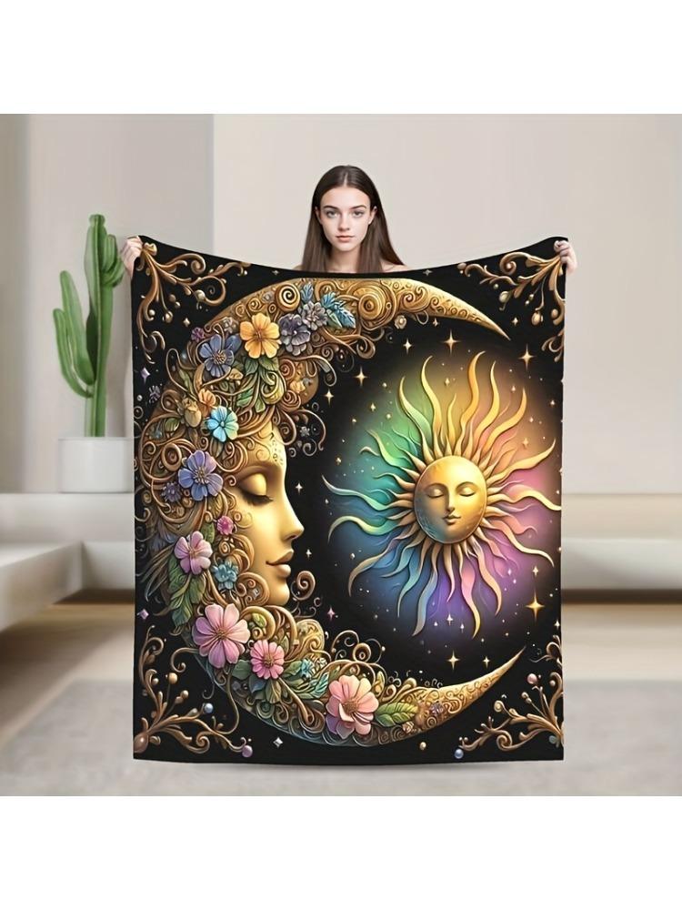 

Dreamy Starry Harmony Throw Blanket Multi-purpose Light Flannel for SofaBedTravelOffice Bohemian StyleSun andMoonPrintAll Season 75x90cm