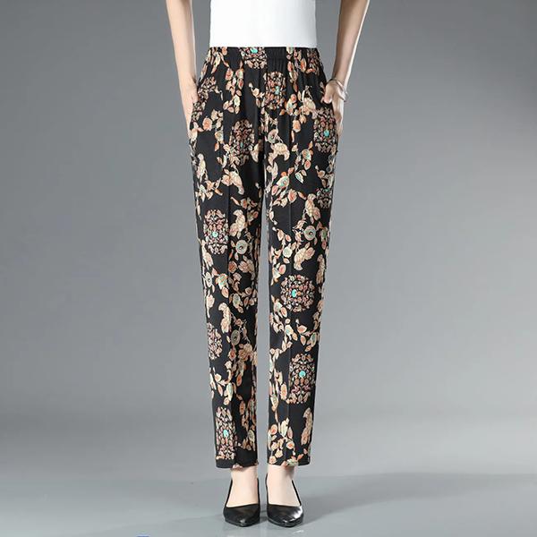 WTEMPO Spring Summer Floral Printed Ice Silk Wide Leg Pants Women's Elastic High Waist Thin Casual Loose Cropped Pants