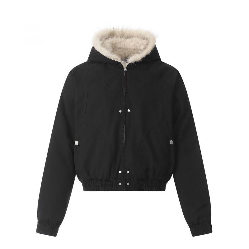 Unisex Retro Deconstructed Silhouette Fur Collar Hooded Jacket for Autumn/Winter XXXL чёрный