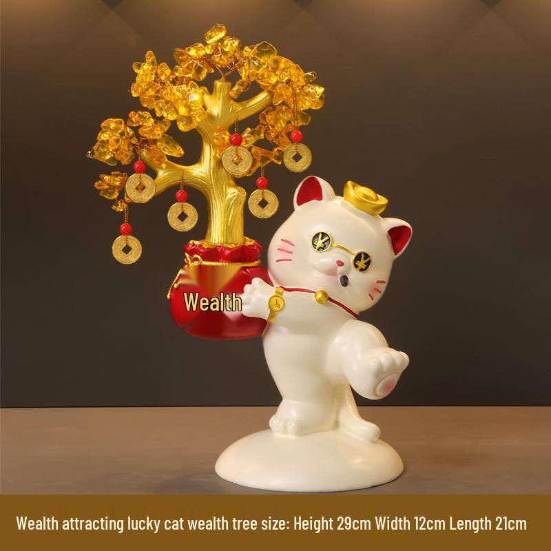 Lucky Cat Crystal Wealth Tree Ornament - High-End Housewarming Gift for New Home Entrance.