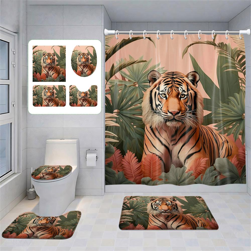 Animal Theme Printed Shower Curtain Suit Polyester Moisture-Proof Bathroom Curtain Bathroom Accessories Non-Slip Floor Mat