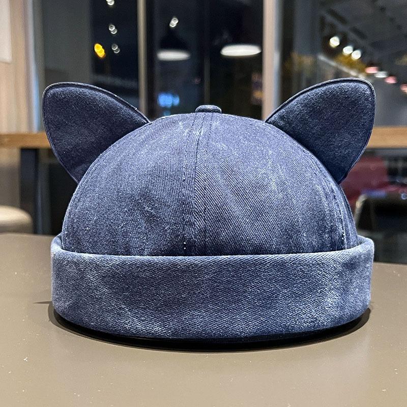New Cute Cat Ears Melon Skin Cap Women Adjustable Fashion Versatile Brimless Dome Landlord Hat Men Denim Hip Hop Beanie Caps
