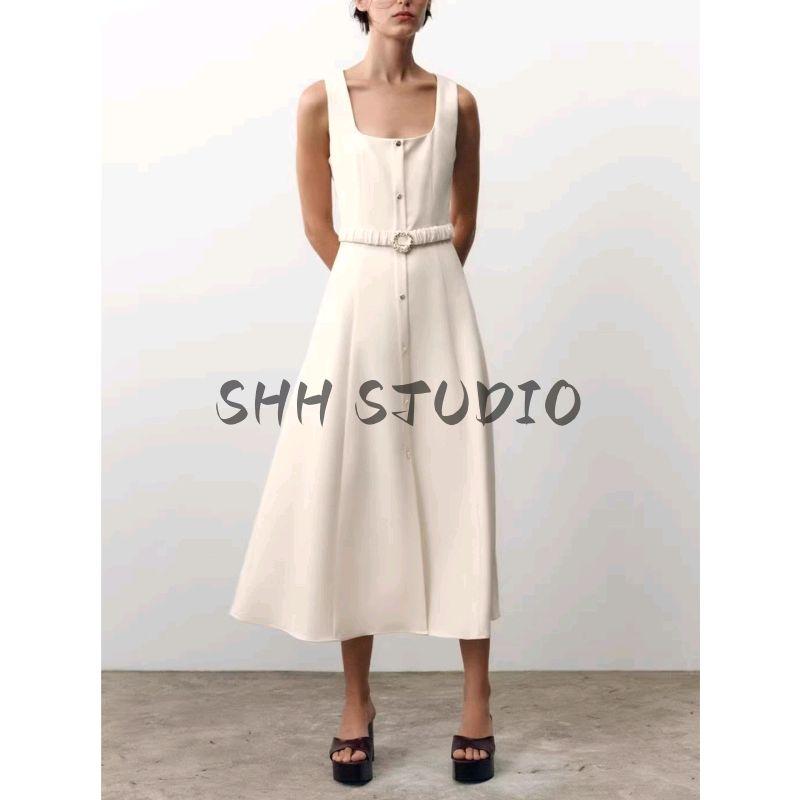 Summer Women's Clothing Vacation Style Fake Button Details with Belt Square Collar Suspenders Midi Skirt Dress 5029124