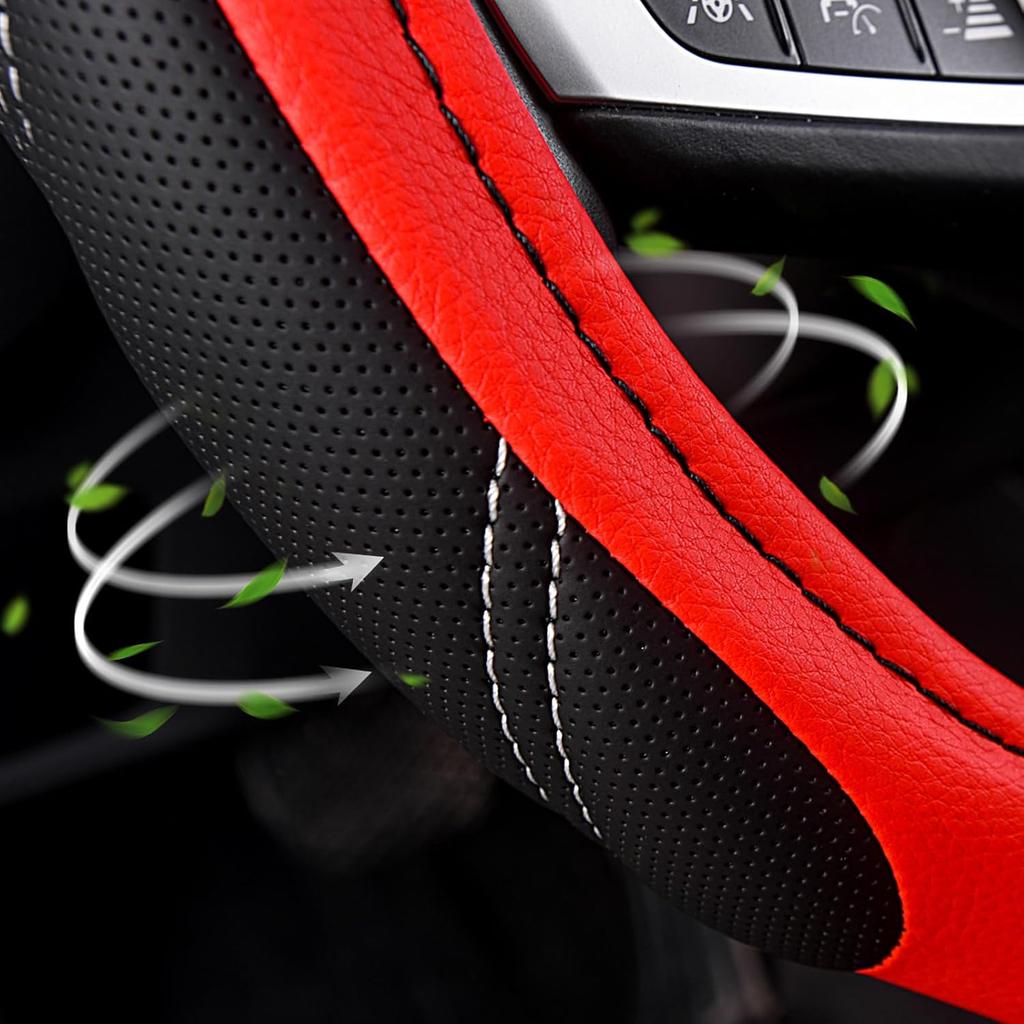 AUTOYOUTH Steering Wheel Cover, Universal Fit For Car, Truck, SUV & Van, Breathable Anti-Slip Microfiber Leather With Four-Stitch Design, Red &