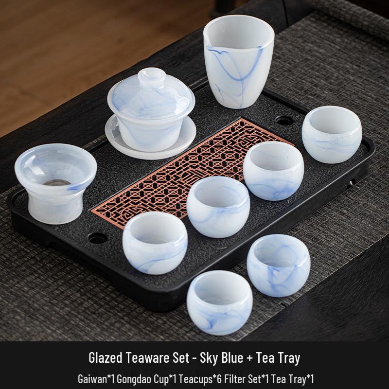 Chaxun 10-Piece Ice Jade Glaze Ceramic Tea Set - Floating Blue