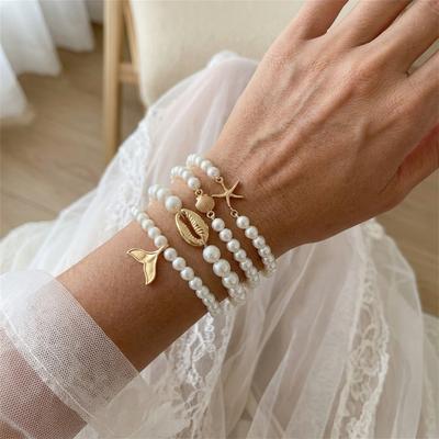 4PCS/Set French Pearl Bracelet for Women Summer Vacation Sea Star Shell Fish Tail Pendant Stacking Versatile Hand Jewelry