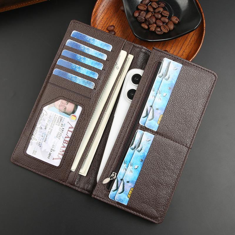Men's Business Zipper Multi Functional Men's Wallet Long Leather Wallet Multi Slot Wallet Solid Color Coin Bag