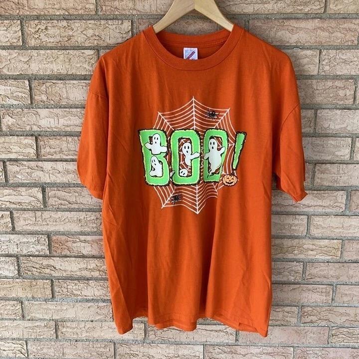 90s Jerzees BOO! Ghost pumpkin orange glow in the dark t-shirt sz Large Vintage 2XL