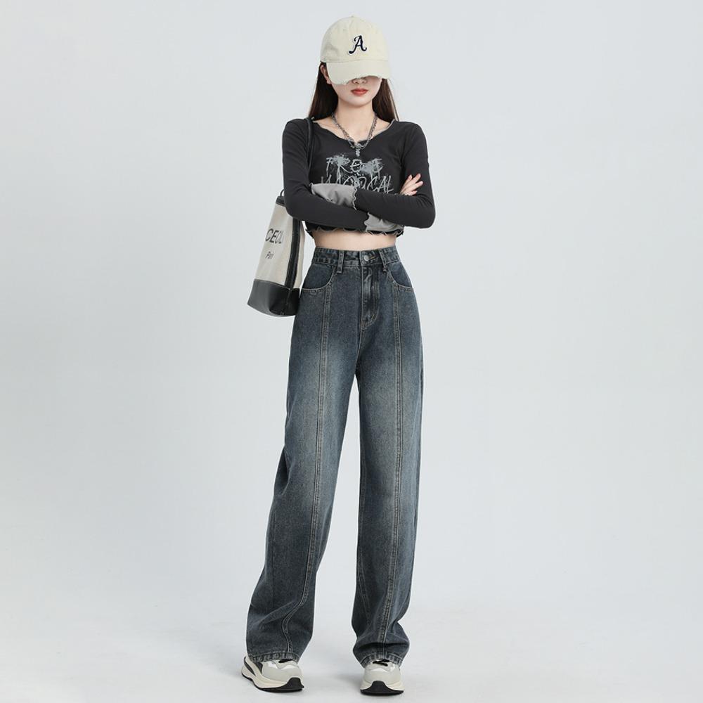 High Street ins Straight Jeans Damen Herbst und Winter Neue Skinny High Waist Lockeres Design Weitbeinjeans