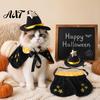 Festive Pet Cloak And Hat Set 1 Halloween Cat Witch Costume, Black Cape Wizard Hat, Moon Adjustable Star Pointed for Cats Small Medium