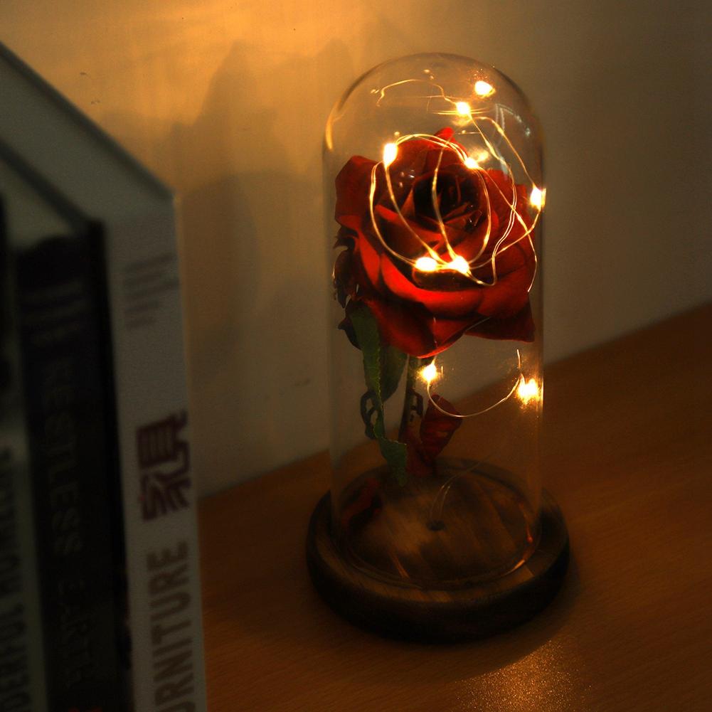 Preserved Rose Flower LED Light with Glass Cover & Wooden Base Valentines Day Wedding Gift Red