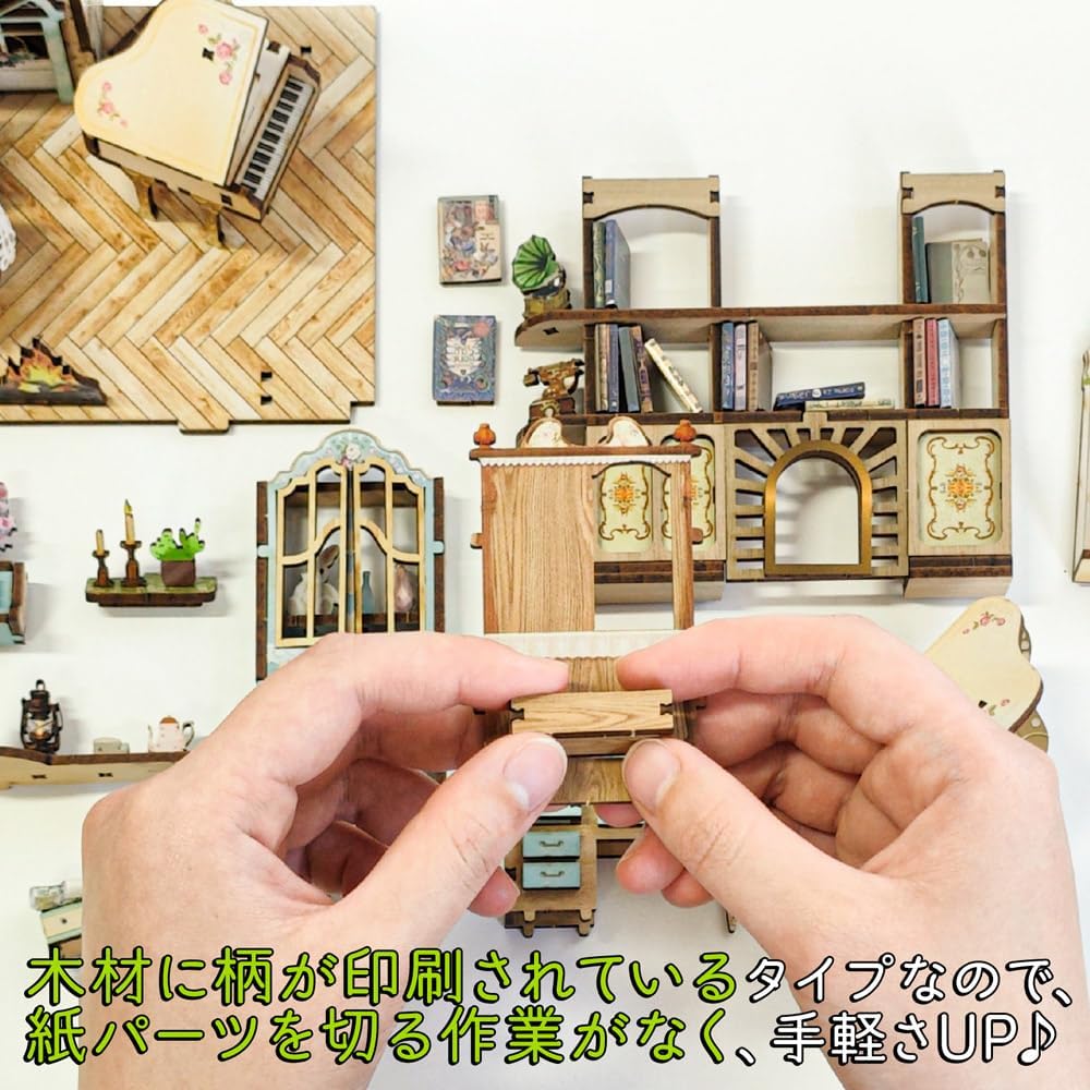 Moin Moin Dollhouse Miniature DIY Kit Book-Shaped Paper Craft Bookend with LED Light Country Scene Flowers Cat