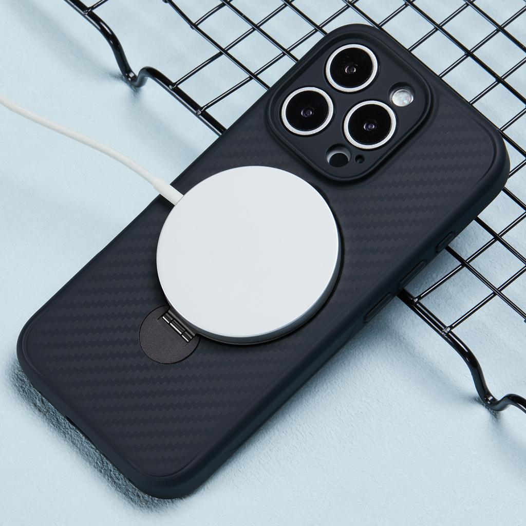 For iPhone 16 Pro Case Carbon Fiber Texture TPU+PC Phone Cover with Rotatable Magnetic Kickstand