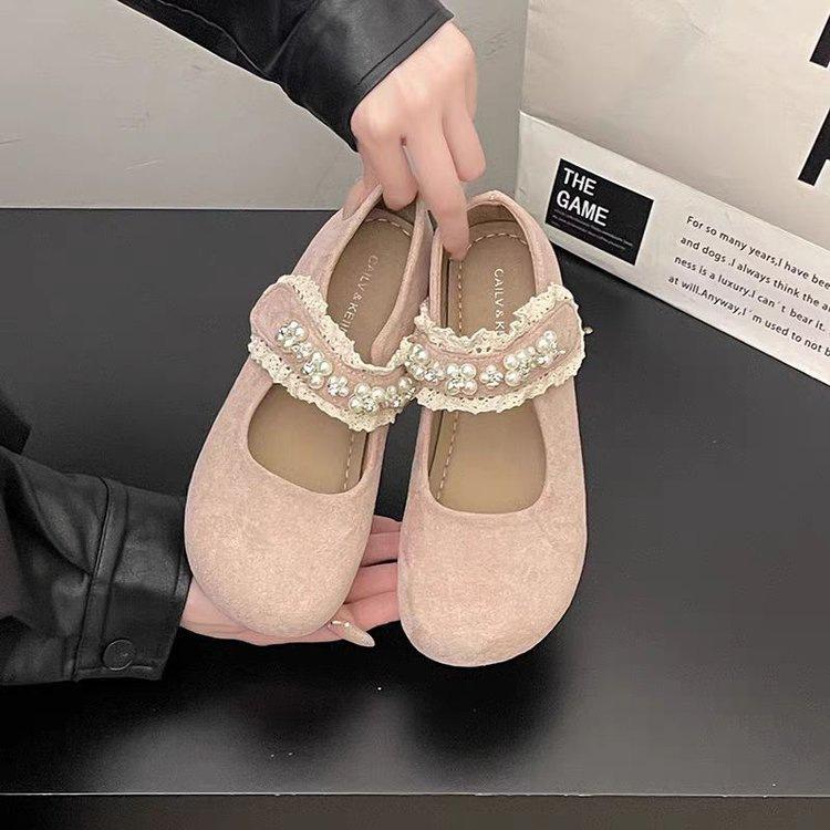 Velcro flat Mary Jane single shoes women's autumn 2025 new pearl shallow mouth with skirt versatile beanie shoes
