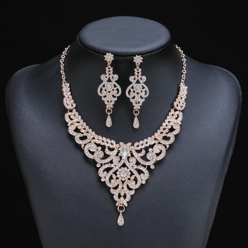 European  American Fashion Crystal Necklace Earring Set - Bridal Wedding Jewelry for Women