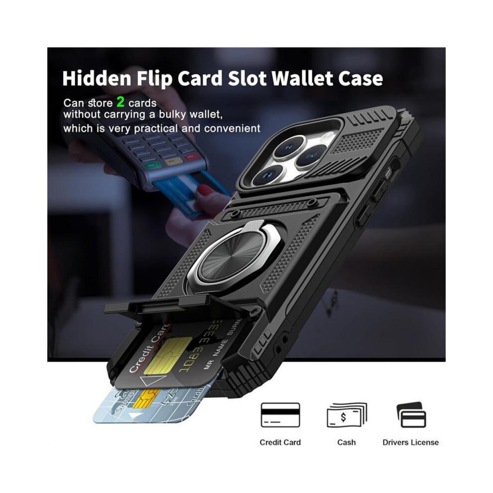 (Black) Shockproof Armor Hard Case Cover with Wallet Credit Card Slot & Ring Stand Function, Anti-fall Phone Cover, Phone Case