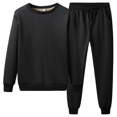 2 Pcs/Set Winter Men Top Pants Suit Solid Color Thick Plush O Neck Long Sleeve Drawstring Elastic Waist Ankle-banded Loose Homewear Pajama Set
