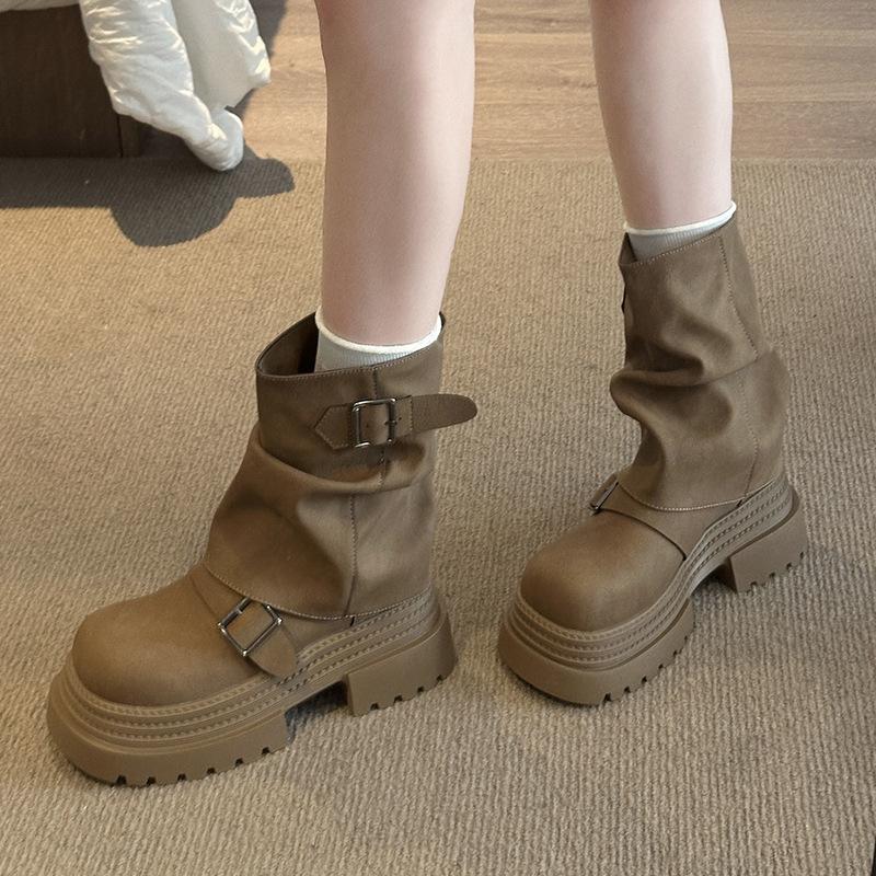 Small thick-soled Martin boots women's new autumn Maillard brown trousers stacked short boots