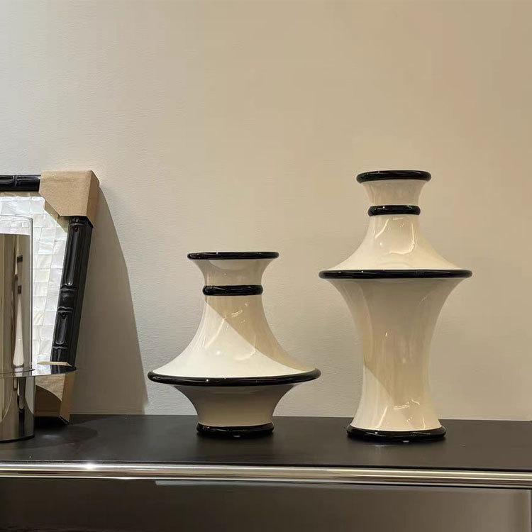 Vaso de Cerâmica Listras Geométricas Preto e Branco Vaso de Flores Acessórios para Arranjos Florais Acessórios para Decoração de Casa