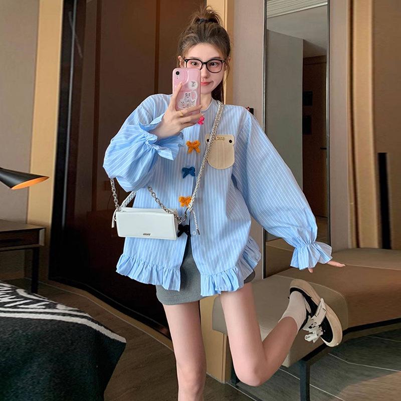 Petite Blue Striped Bow Maternity Shirt - Spring 2026 Collection, French Chic Luxury 2X Large синий
