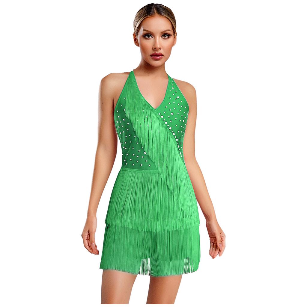 S-3XL Glitter Fringe Halter Dance Jumpsuit Sleeveless Rhinestone Multi-Layer Strappy Back Leotard for Salsa Tango Latin Jazz Stage Performance