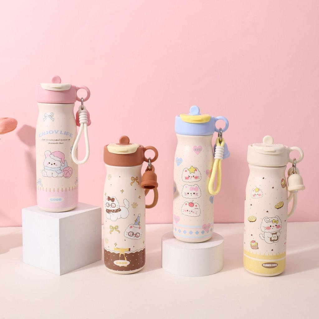 Sweet Cartoon Heart Thermos Cup with Lanyard – Portable Flip-Top Water Bottle for Students & Travel