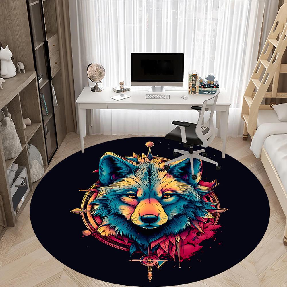 1 Stück Wolfsgeist Büro Runder Teppich, Unter Bürostühlen Schlafzimmer Wohnzimmer Heimdekoration, Raumdeko
